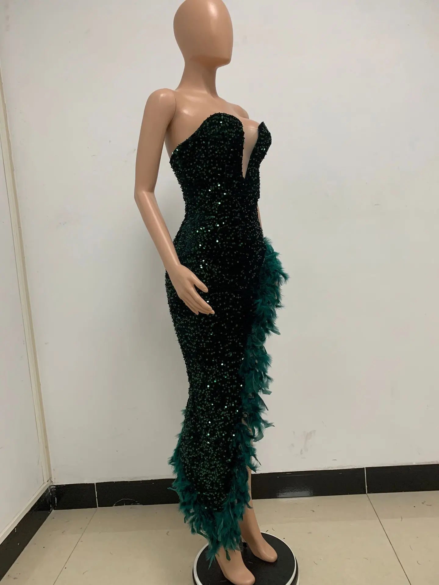 Sequin Feather Evening Gown
