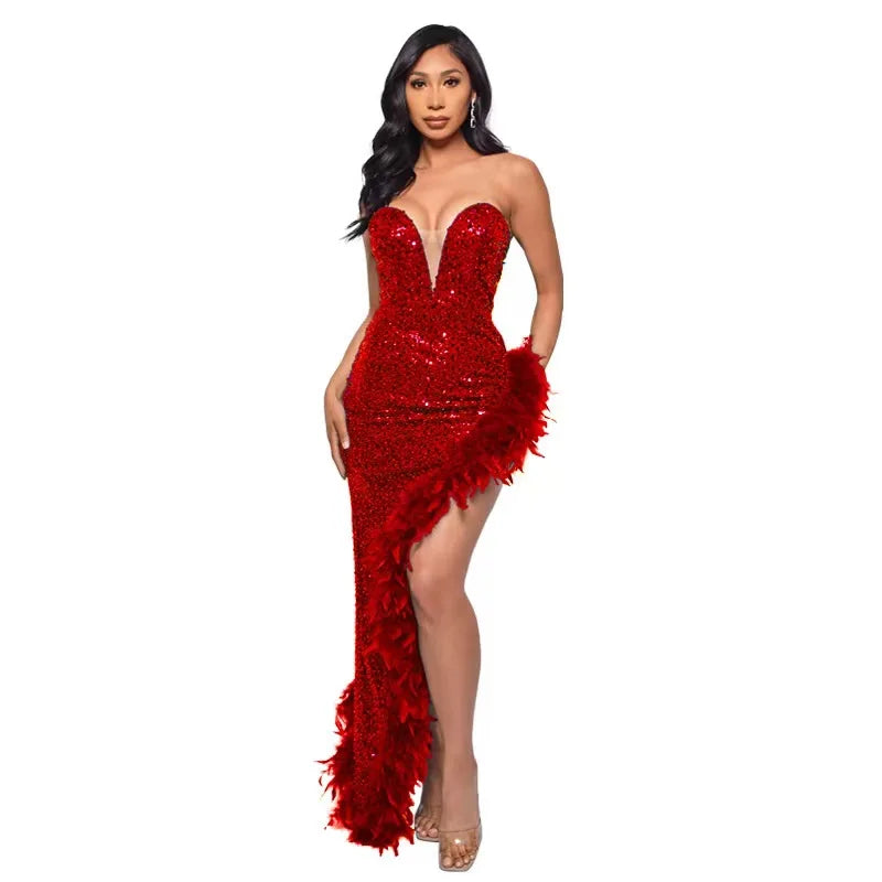 Sequin Feather Evening Gown
