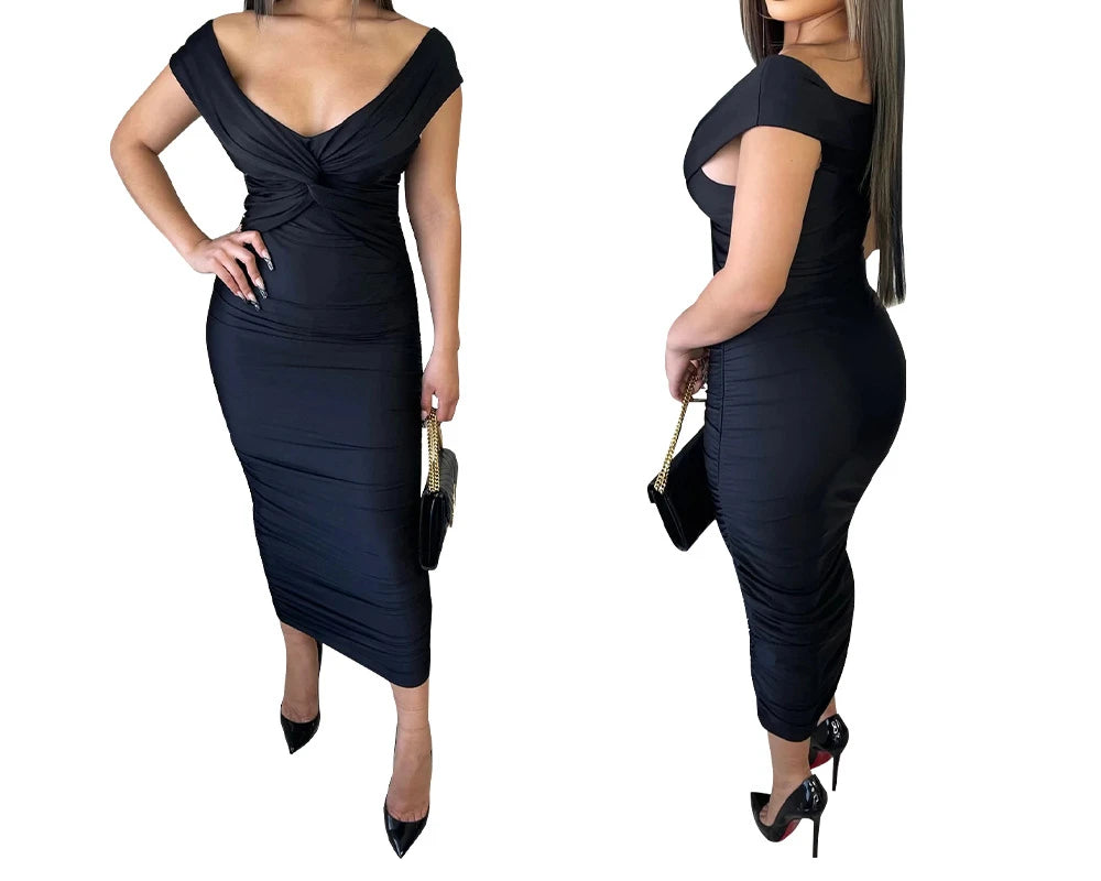 V-Neck Pleated Off Shoulder Dress