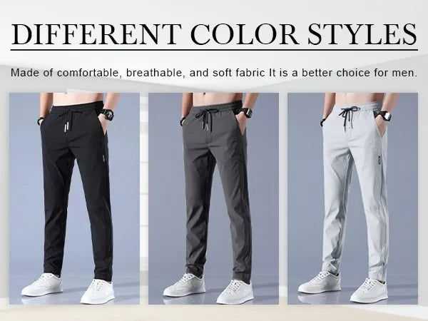 Men Fast Dry Stretch Pants Ice Silk Trousers Solid Color Mid-Waist Loose Breathable Straight-Leg Casual Pants Thin Sports Pants