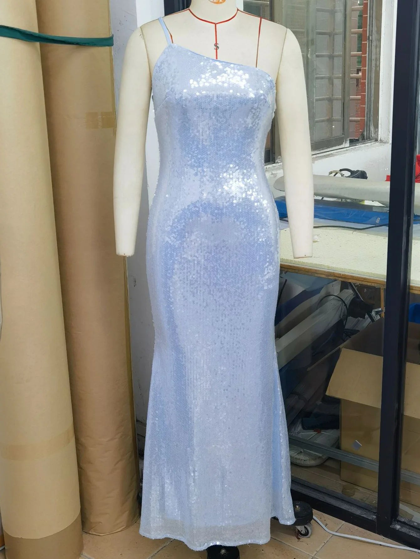 Light Blue One Shoulder Sequin Dress