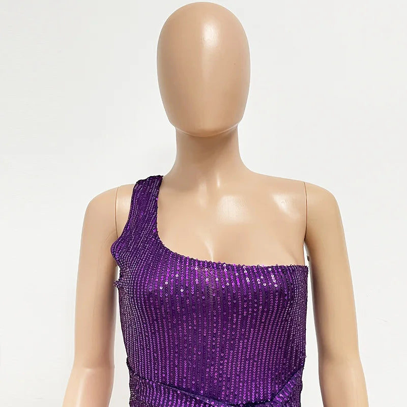 One Shoulder Pleated Sequin Dress