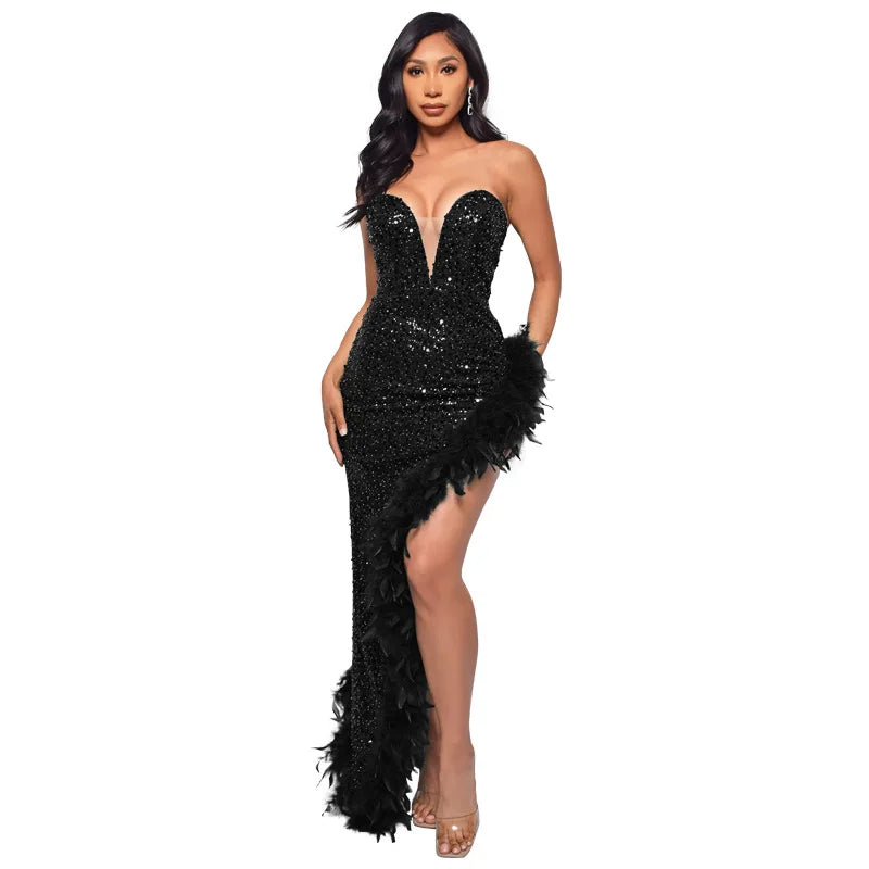 Sequin Feather Evening Gown