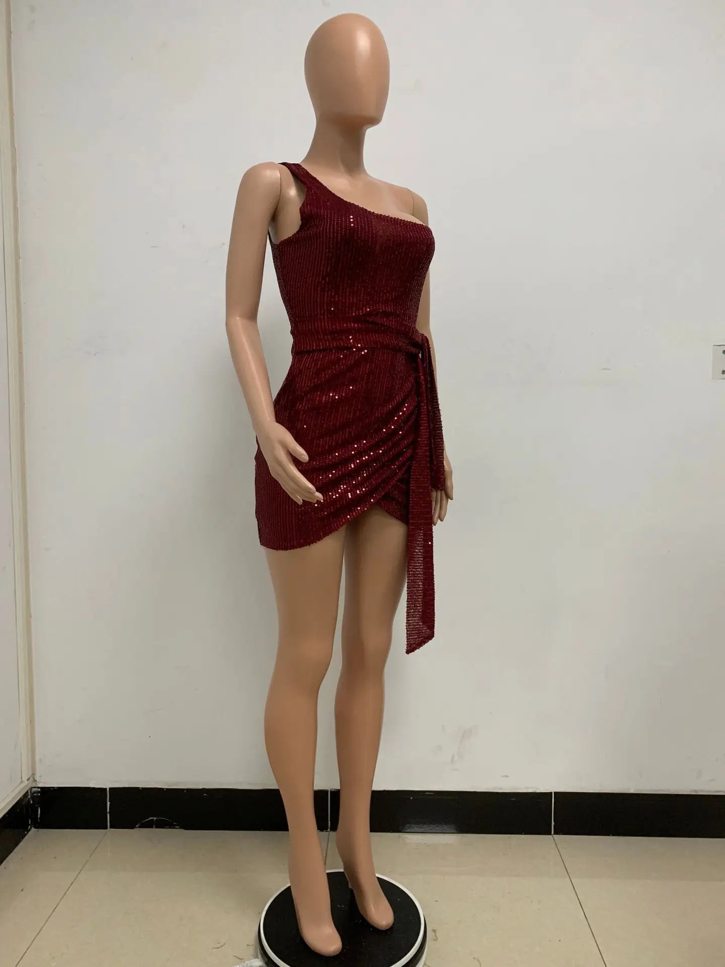 One Shoulder Pleated Sequin Dress