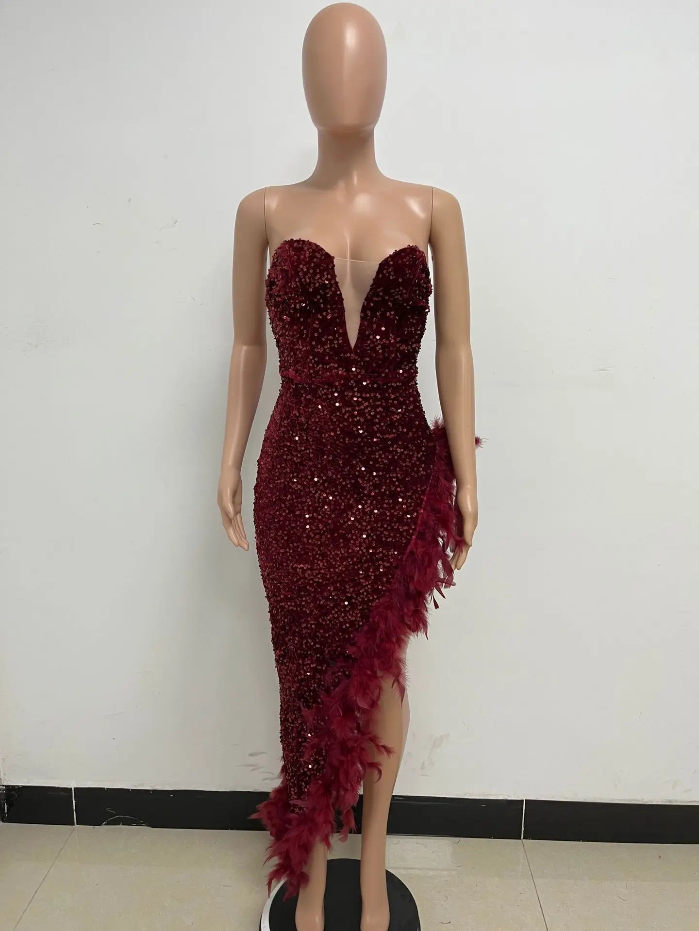 Sequin Feather Evening Gown