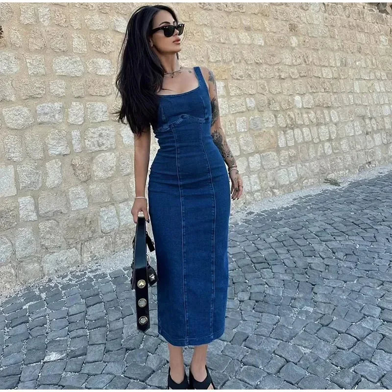 Retro Denim Maxi Dress