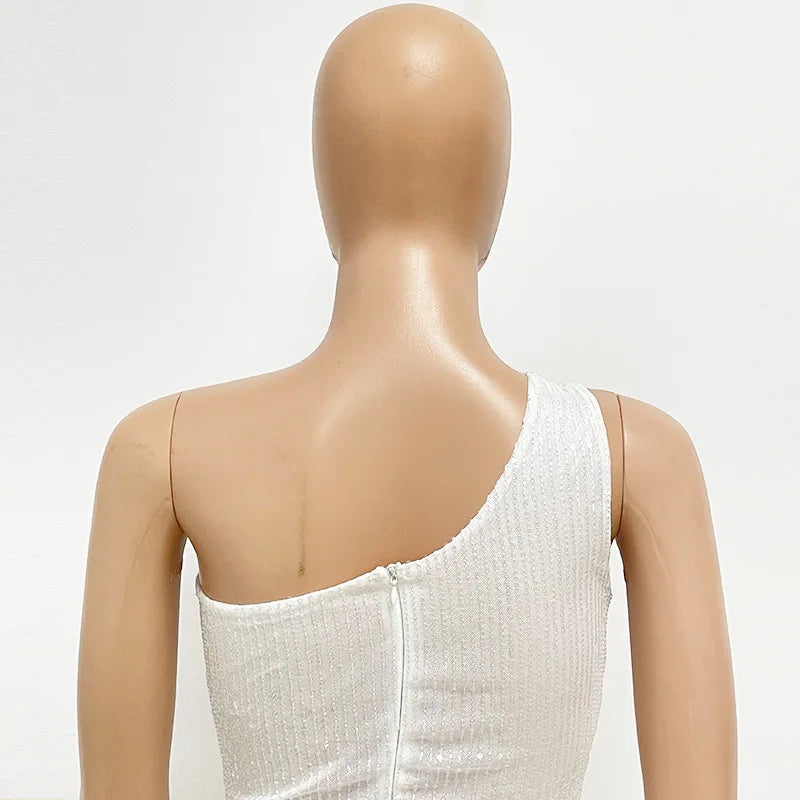 One Shoulder Pleated Sequin Dress