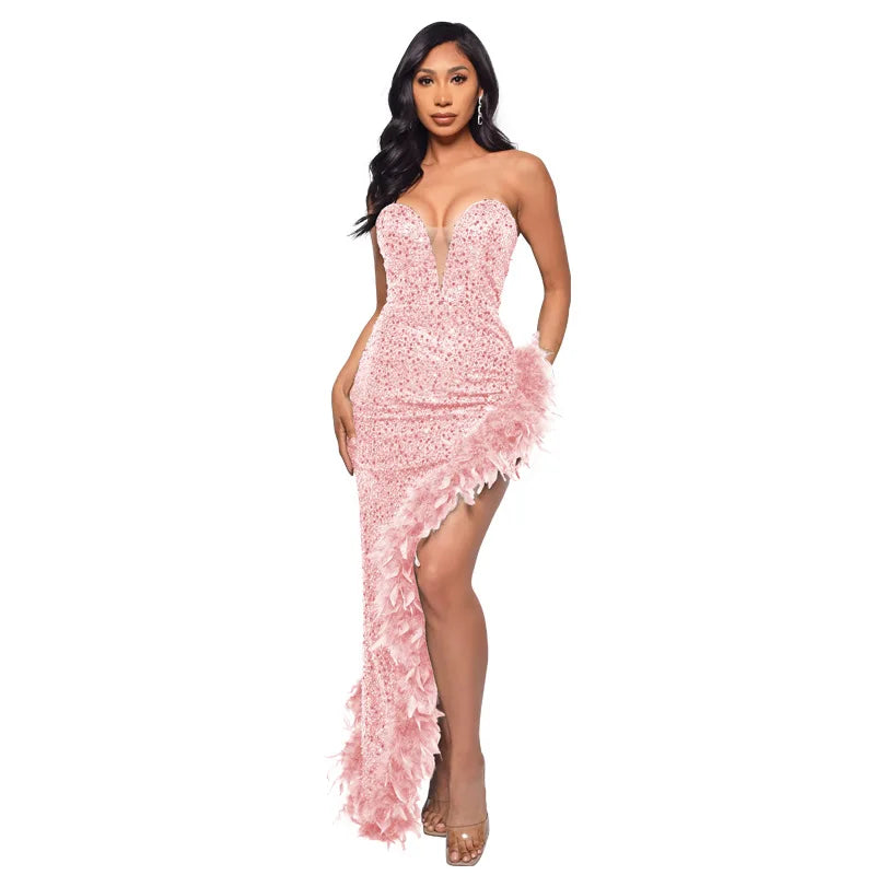 Sequin Feather Evening Gown