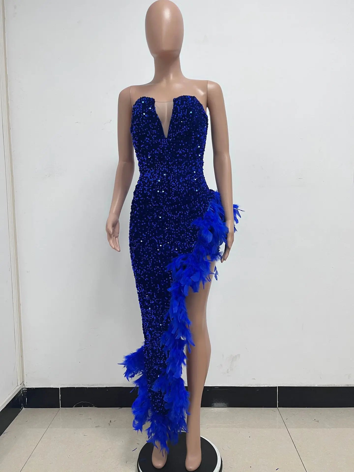 Sequin Feather Evening Gown