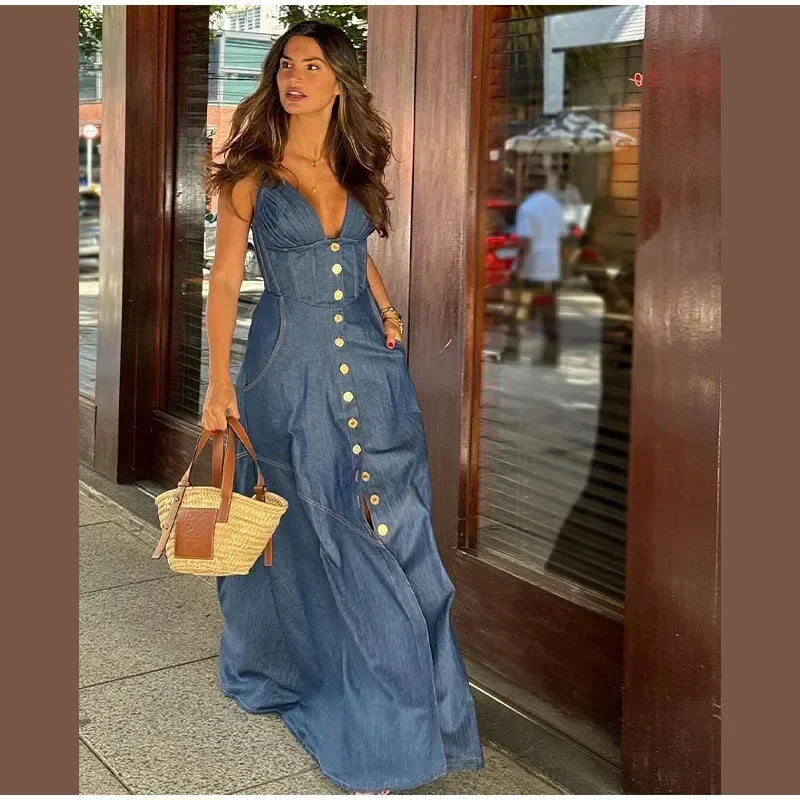 Retro Denim Maxi Dress