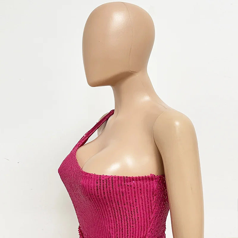 One Shoulder Pleated Sequin Dress