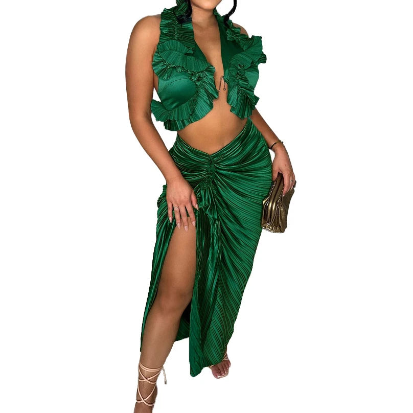 Ruffle Slit Skirt Party Set