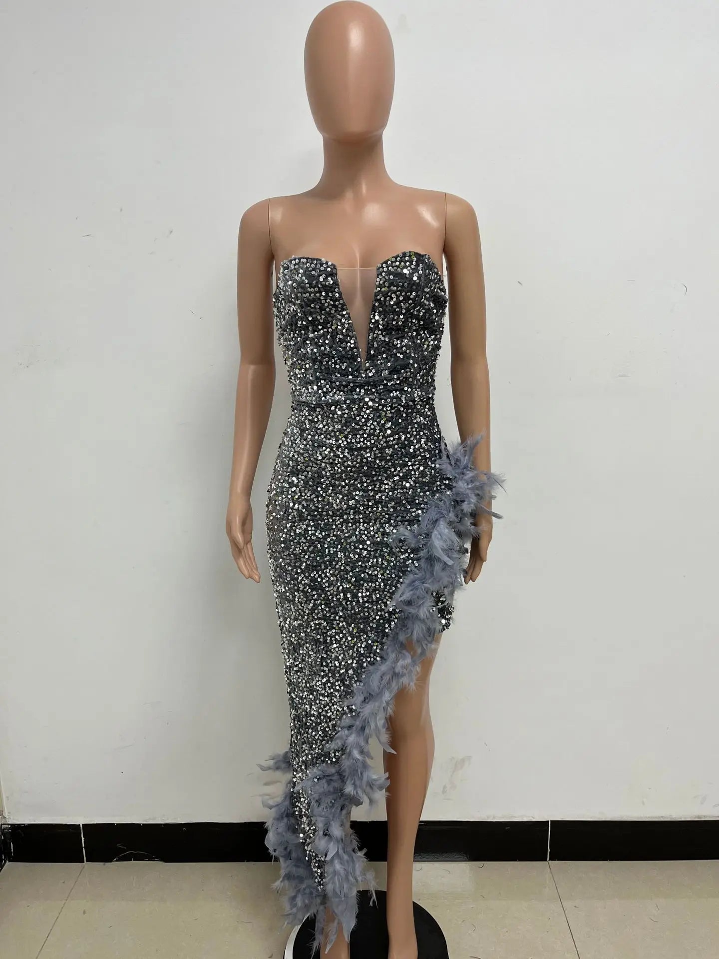 Sequin Feather Evening Gown