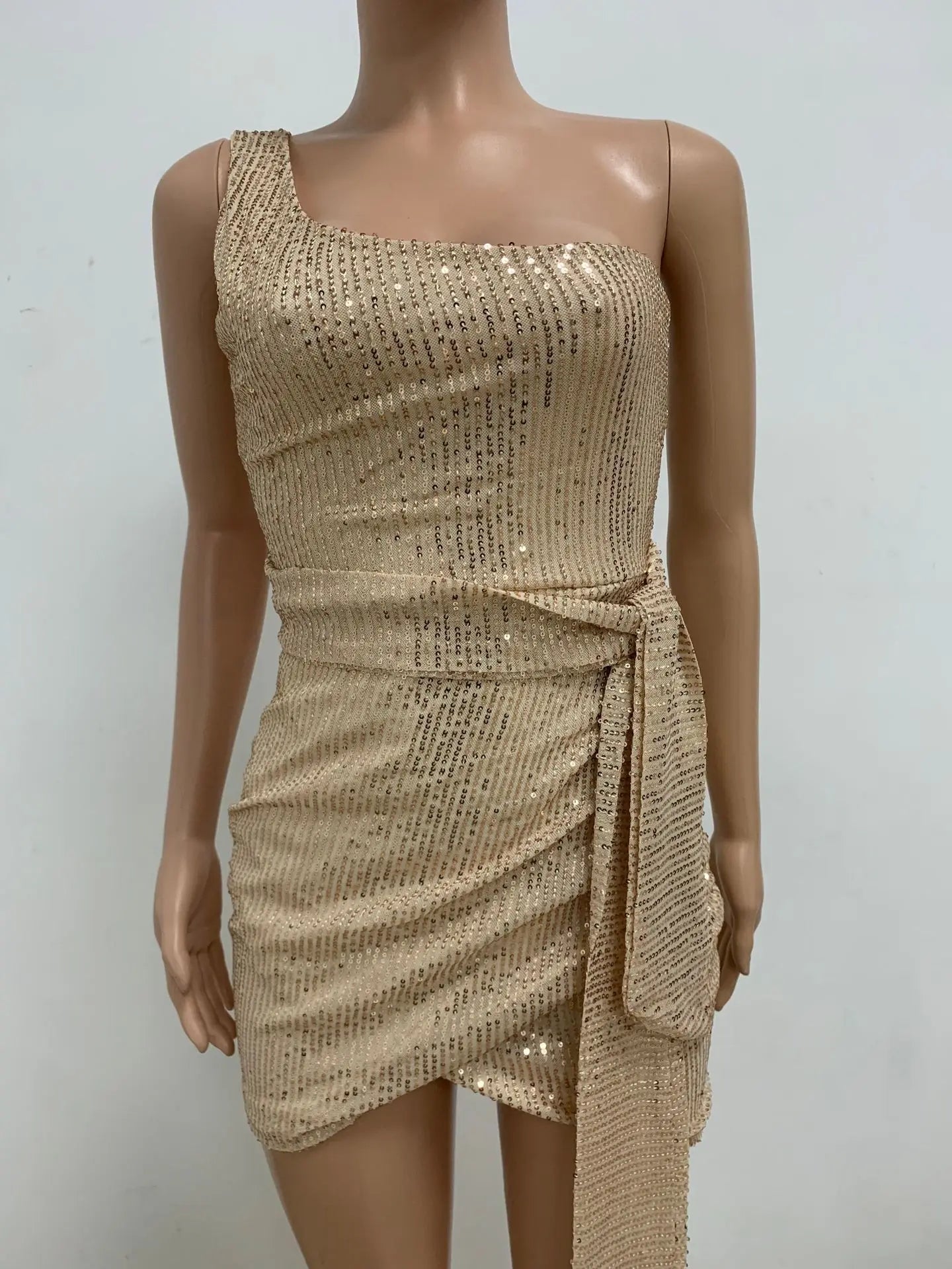 One Shoulder Pleated Sequin Dress