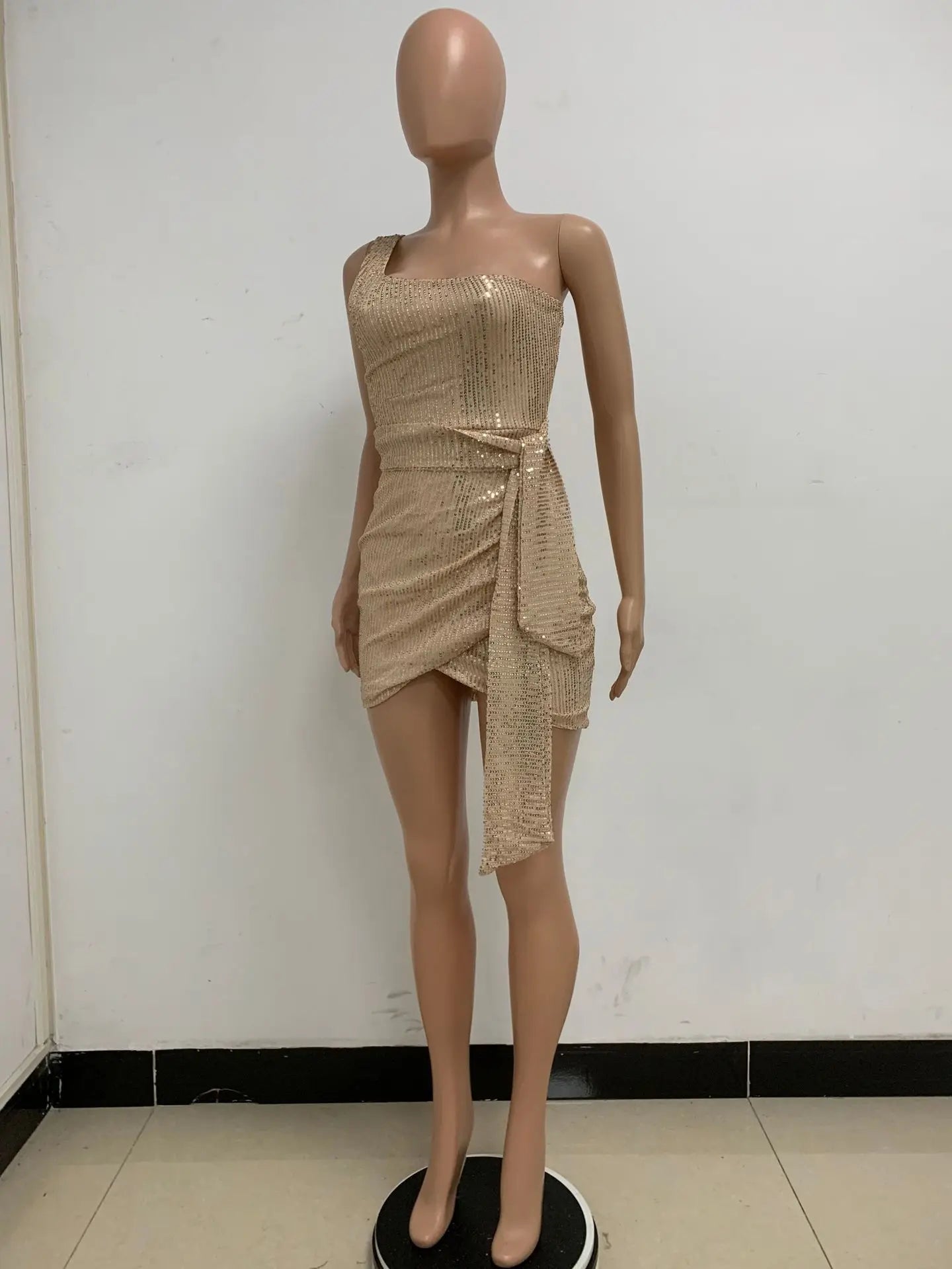 One Shoulder Pleated Sequin Dress