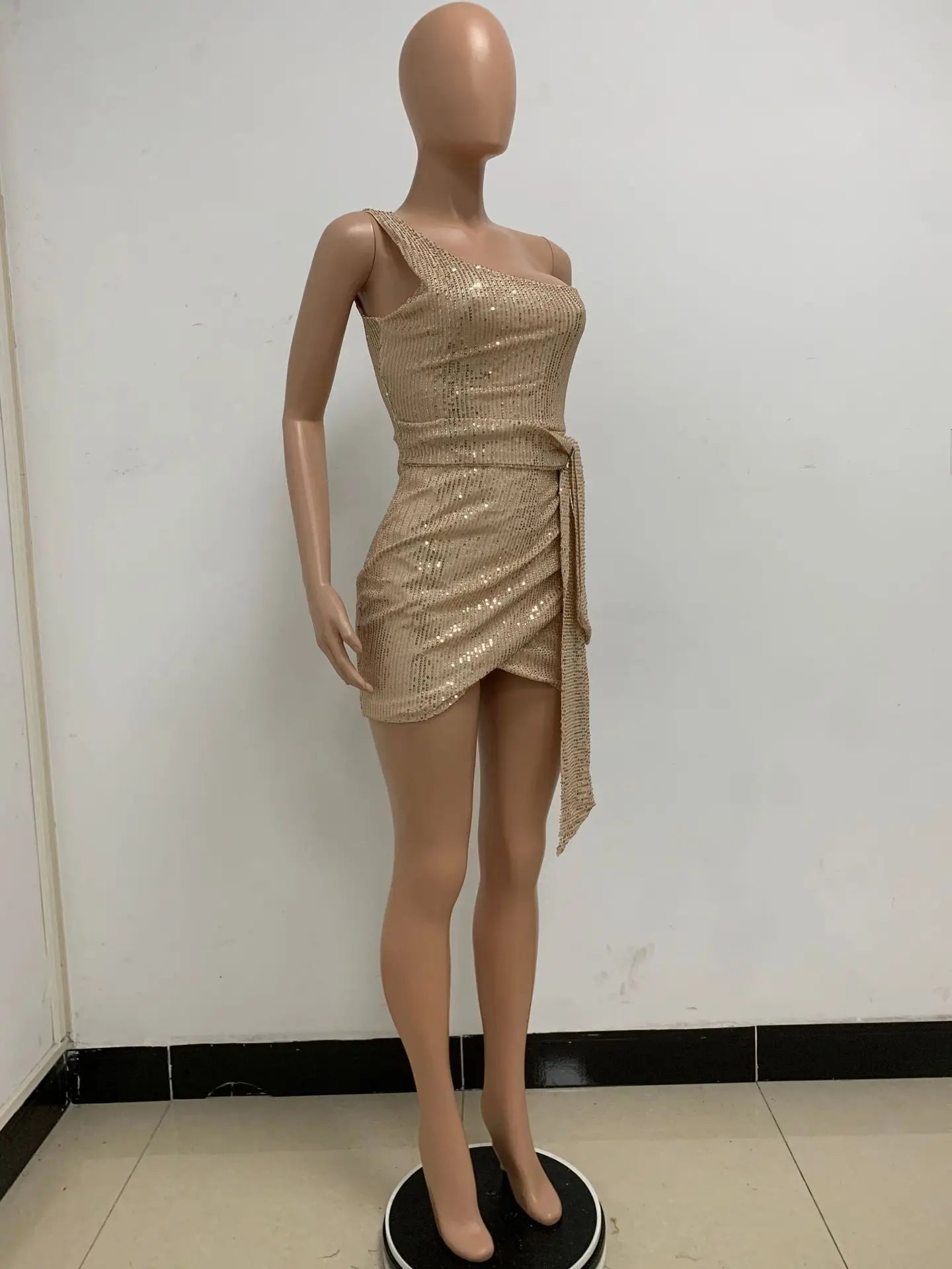 One Shoulder Pleated Sequin Dress