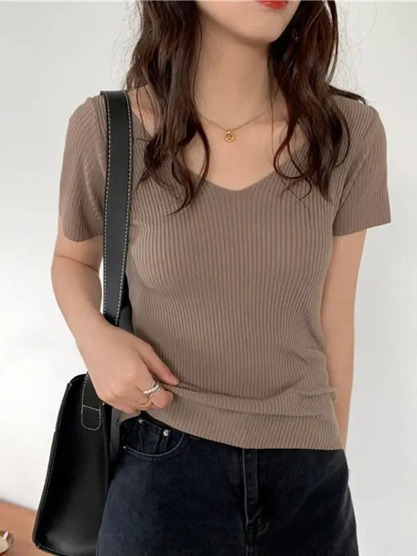 AOSSVIAO 2025 V-neck Solid Thin Summer Pullover Women Sweater Female Knitted Ribbed Sweater Slim Short Sleeve Bodycon Sweater