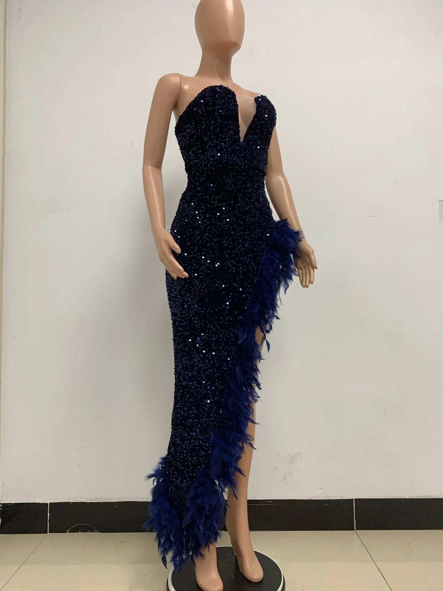 Sequin Feather Evening Gown