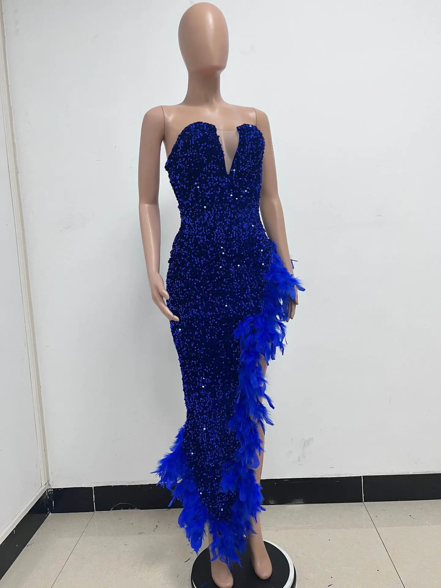 Sequin Feather Evening Gown