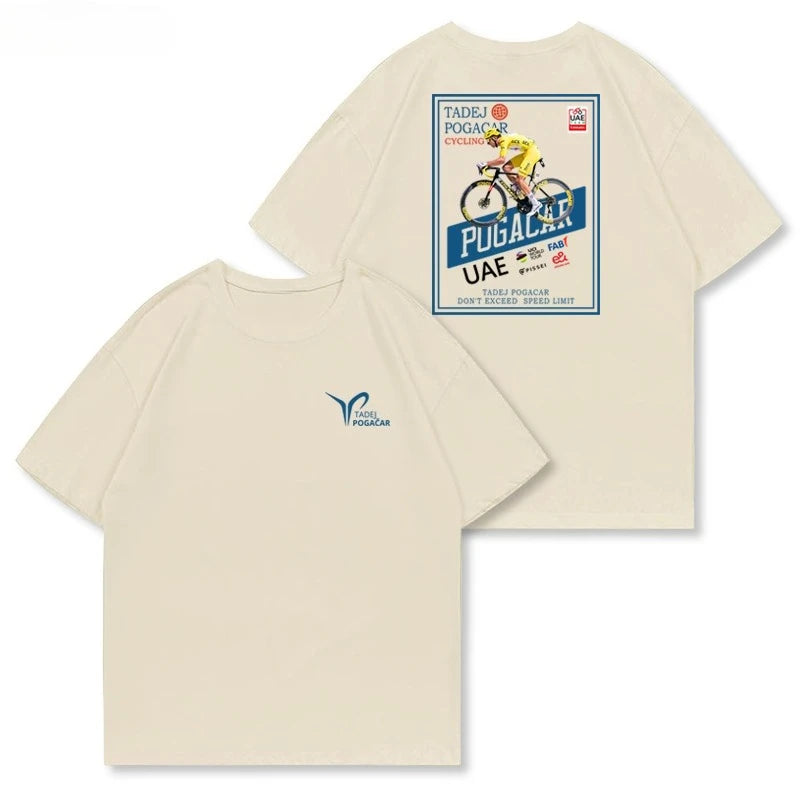 POGACAR T-shirt, Illustration of A Tour De France Bike, American Retro Casual, Heavyweight  Short-sleeved Shirt Summer