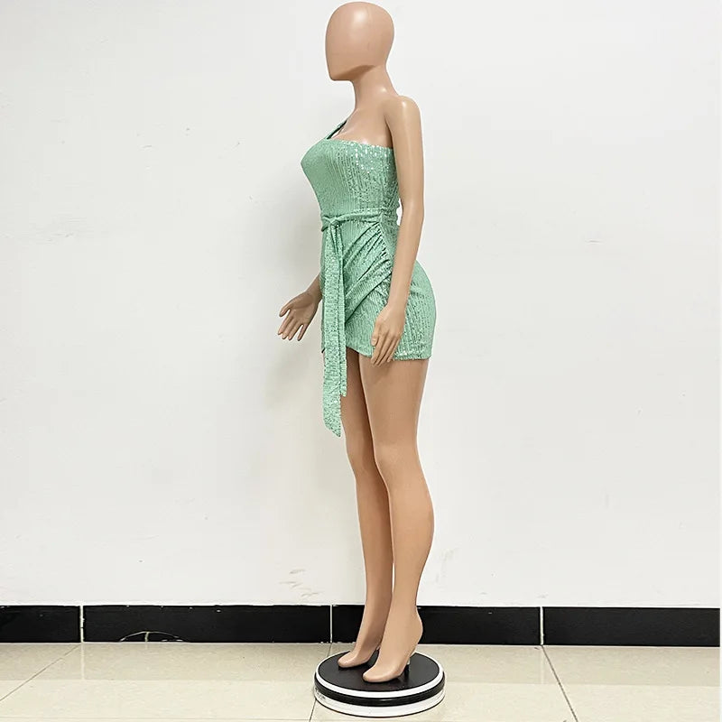 One Shoulder Pleated Sequin Dress