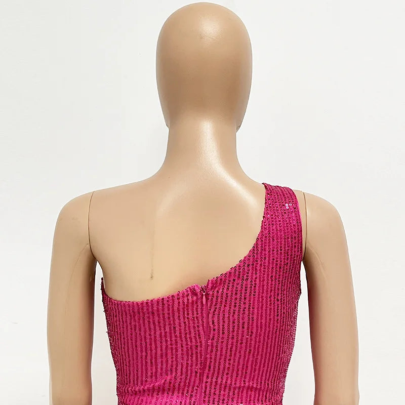One Shoulder Pleated Sequin Dress