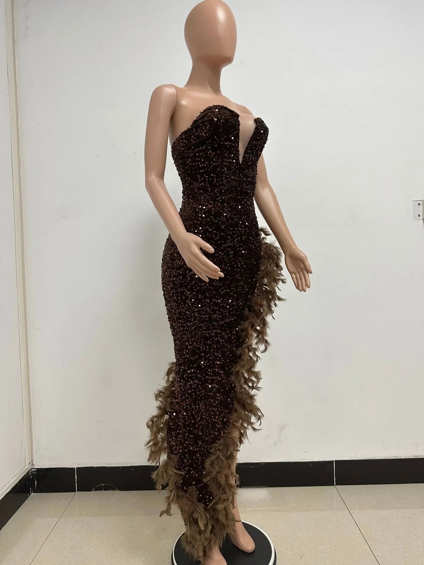 Sequin Feather Evening Gown