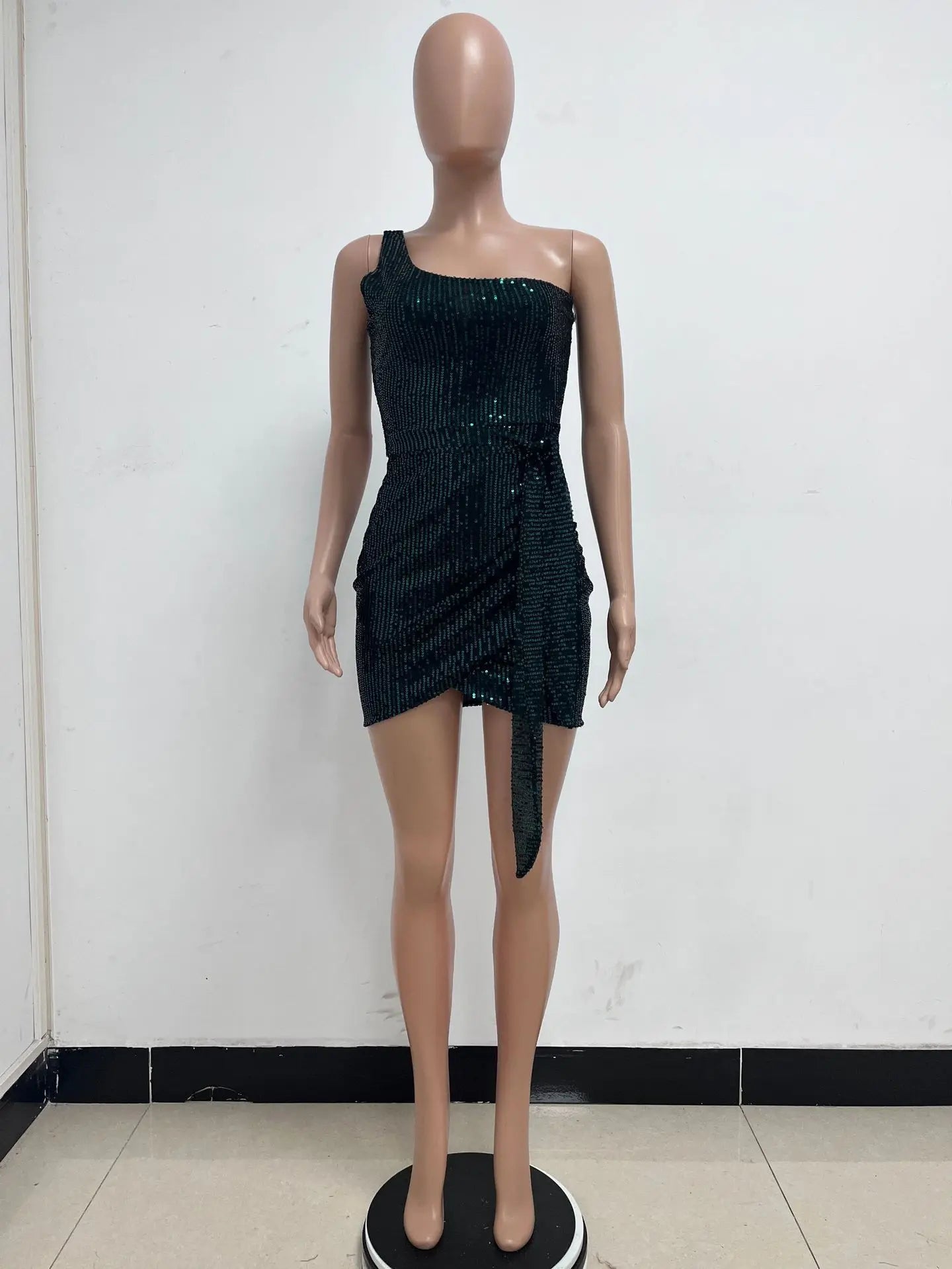 One Shoulder Pleated Sequin Dress
