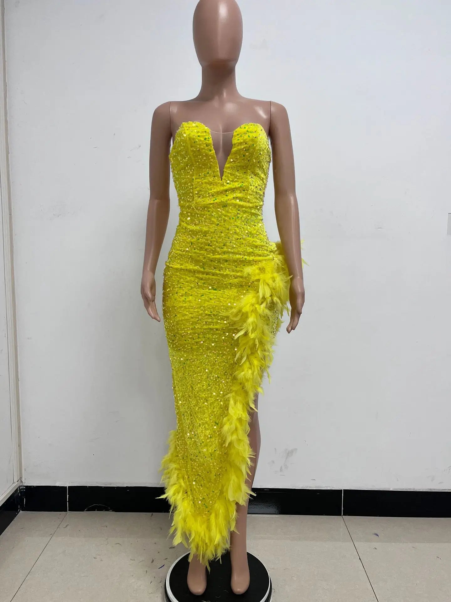Sequin Feather Evening Gown