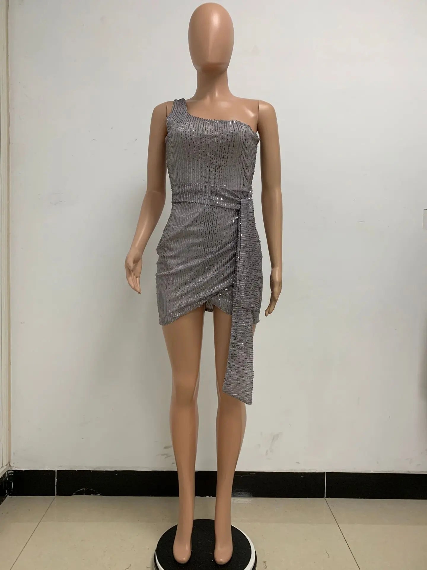 One Shoulder Pleated Sequin Dress