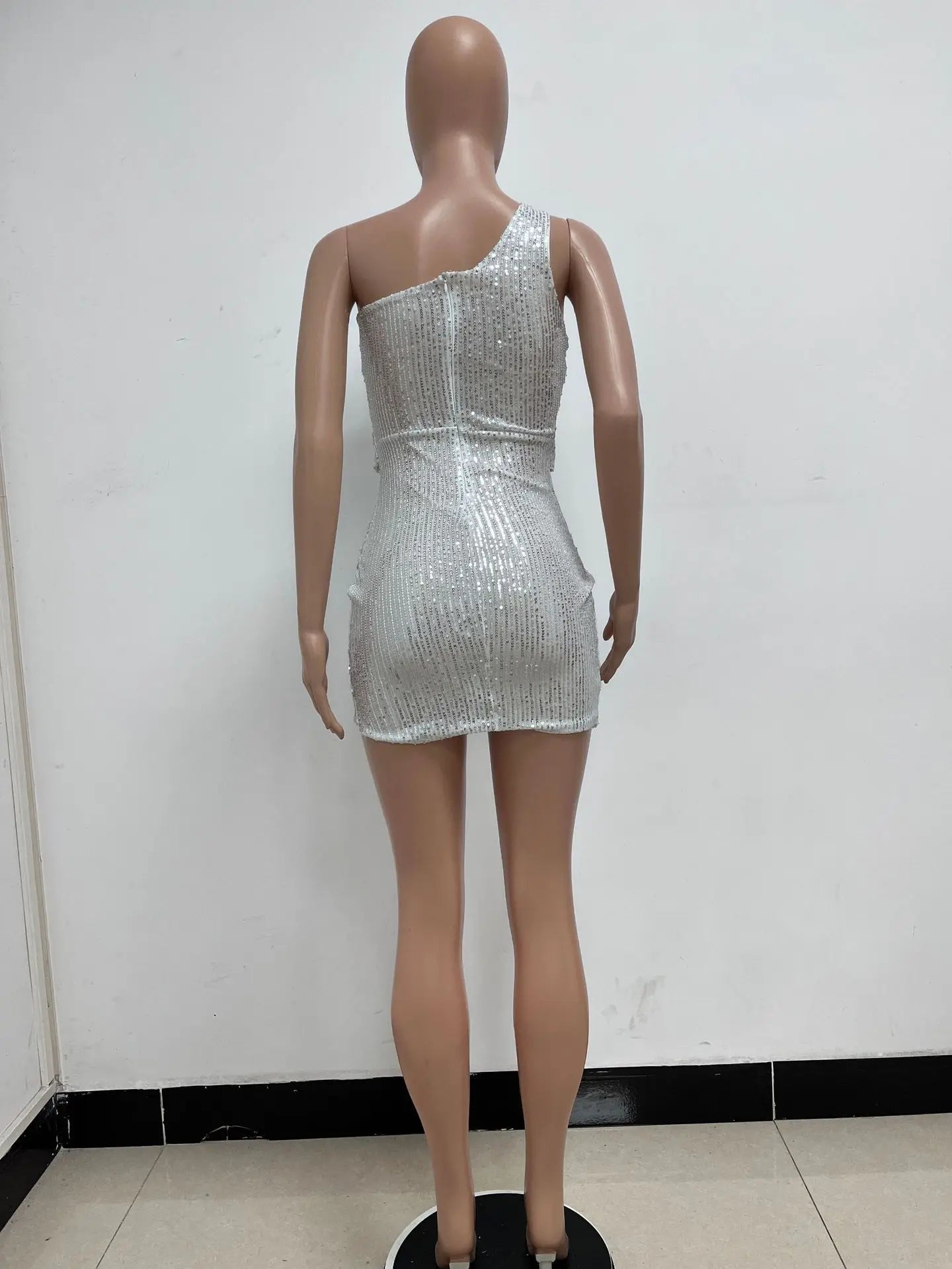 One Shoulder Pleated Sequin Dress