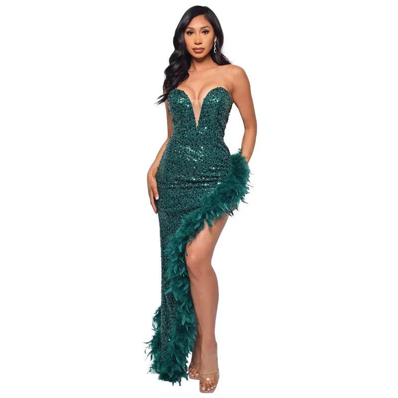 Sequin Feather Evening Gown