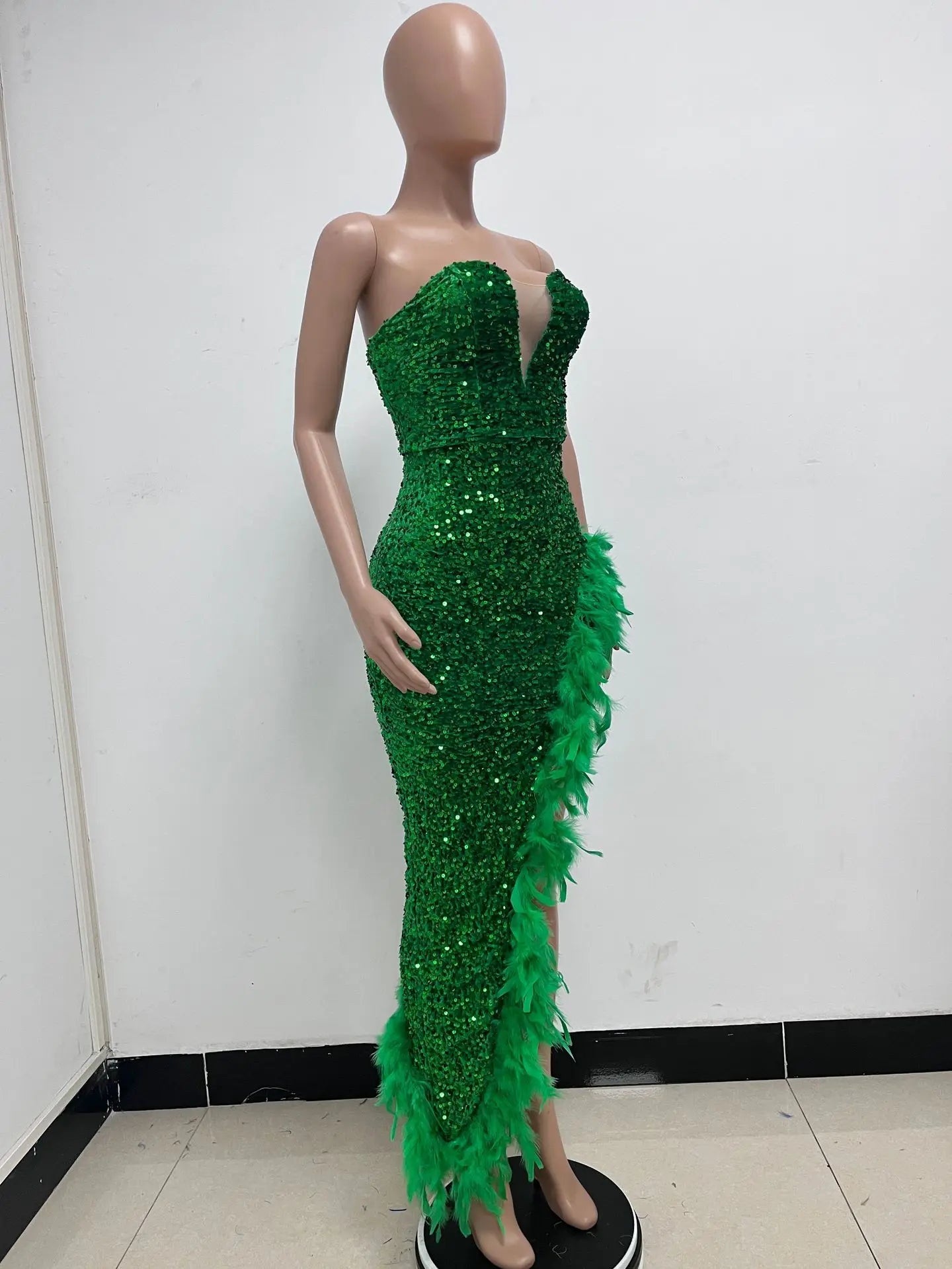 Sequin Feather Evening Gown