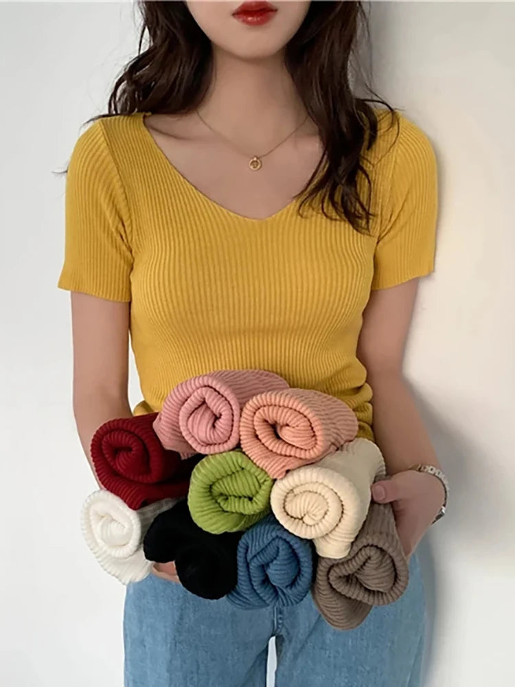 AOSSVIAO 2025 V-neck Solid Thin Summer Pullover Women Sweater Female Knitted Ribbed Sweater Slim Short Sleeve Bodycon Sweater