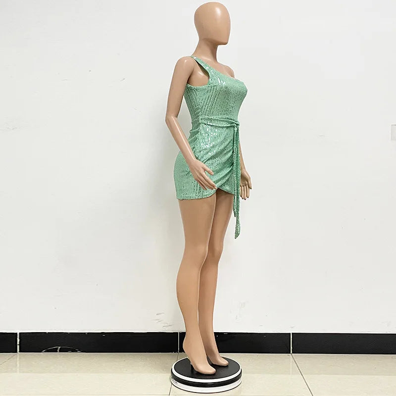 One Shoulder Pleated Sequin Dress