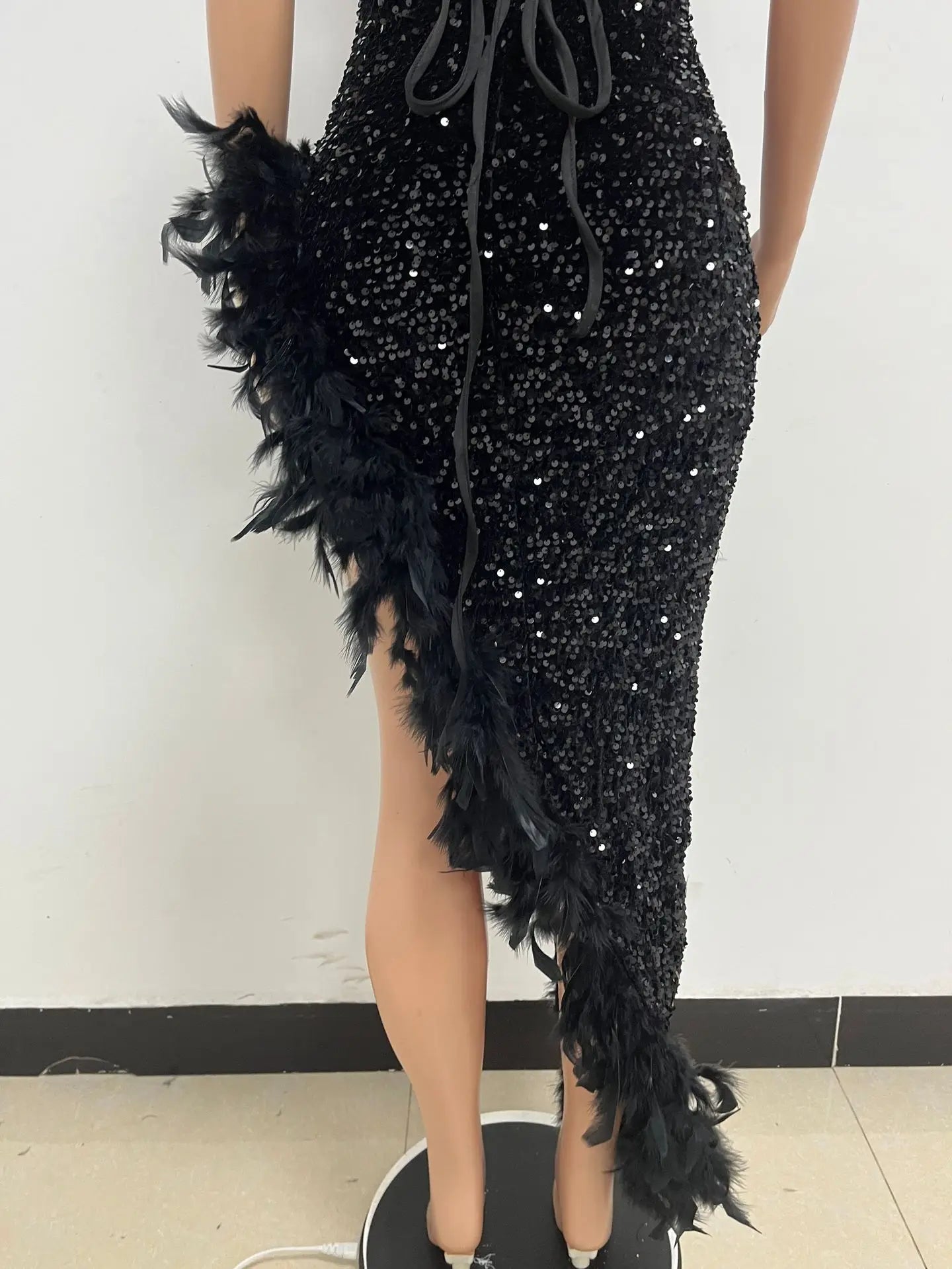 Sequin Feather Evening Gown