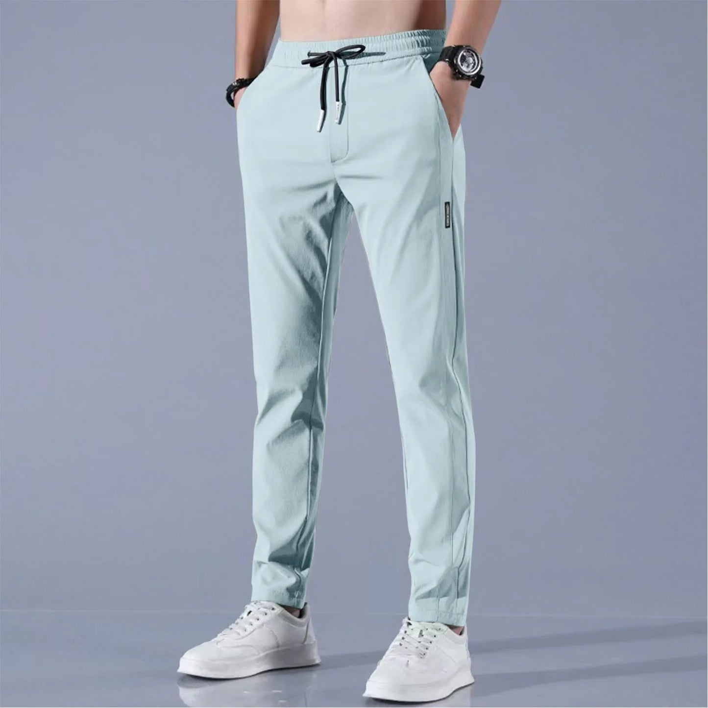 Men Fast Dry Stretch Pants Ice Silk Trousers Solid Color Mid-Waist Loose Breathable Straight-Leg Casual Pants Thin Sports Pants