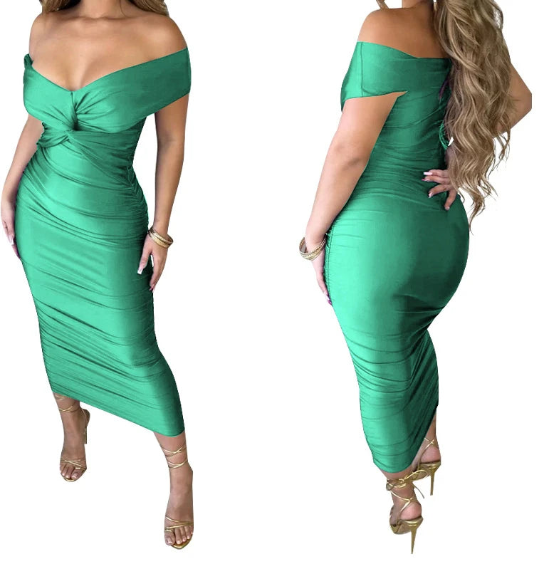 V-Neck Pleated Off Shoulder Dress