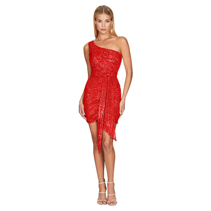 One Shoulder Pleated Sequin Dress