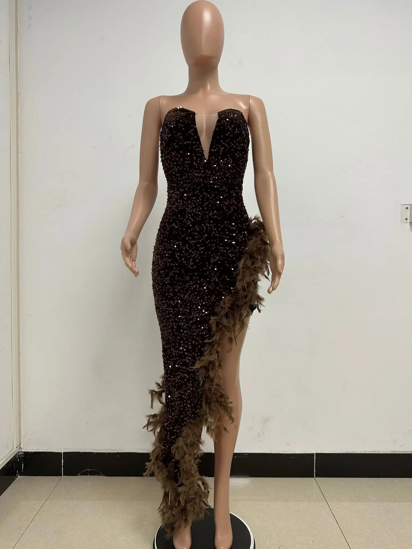 Sequin Feather Evening Gown