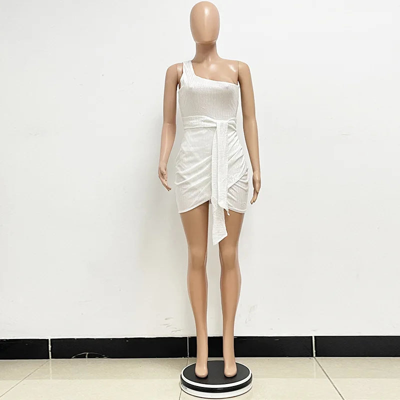 One Shoulder Pleated Sequin Dress