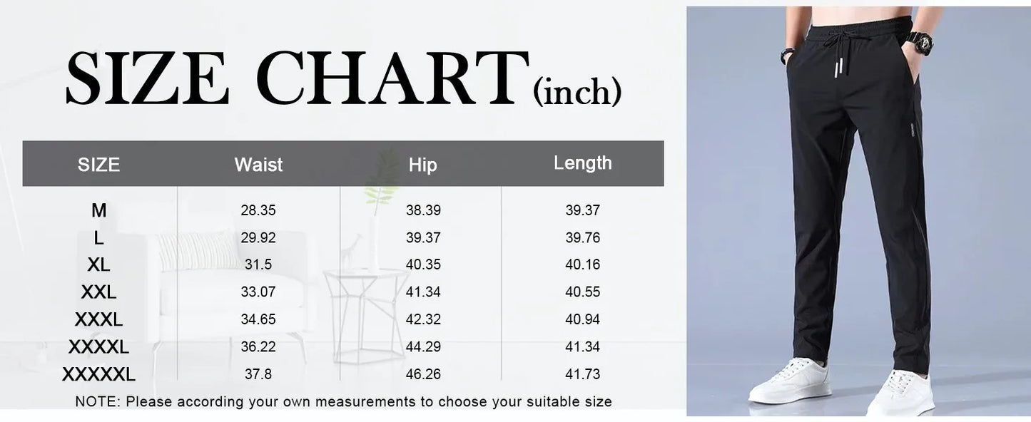 Men Fast Dry Stretch Pants Ice Silk Trousers Solid Color Mid-Waist Loose Breathable Straight-Leg Casual Pants Thin Sports Pants