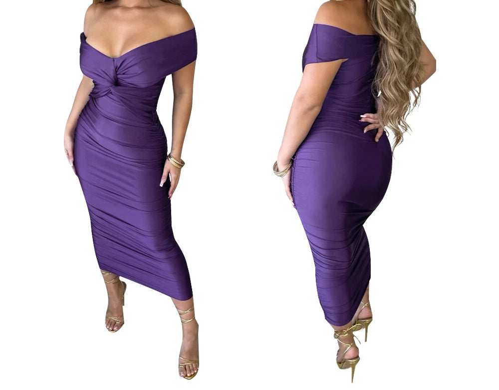 V-Neck Pleated Off Shoulder Dress