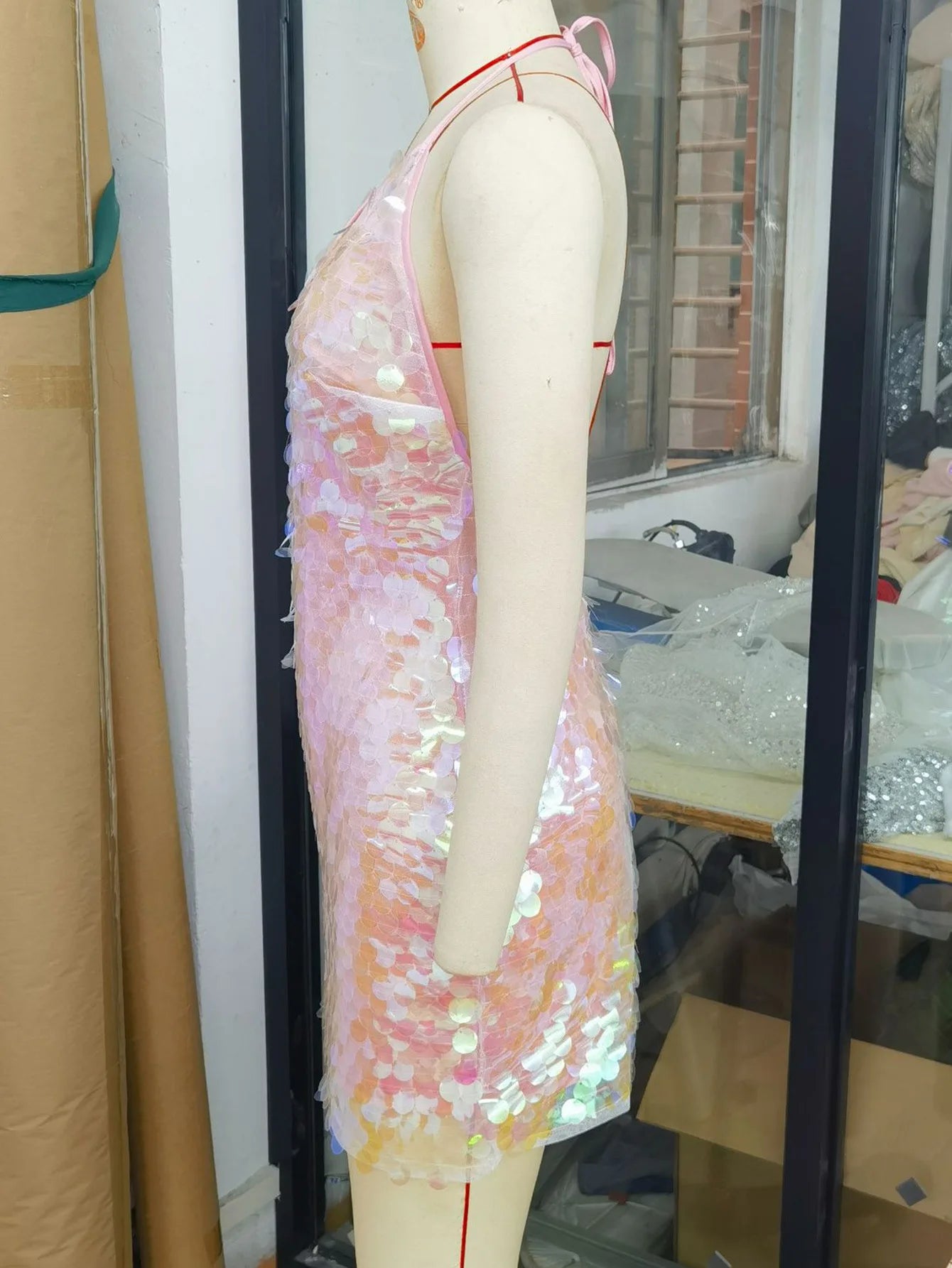 Pink Sequin V-Neck Bodycon Dress