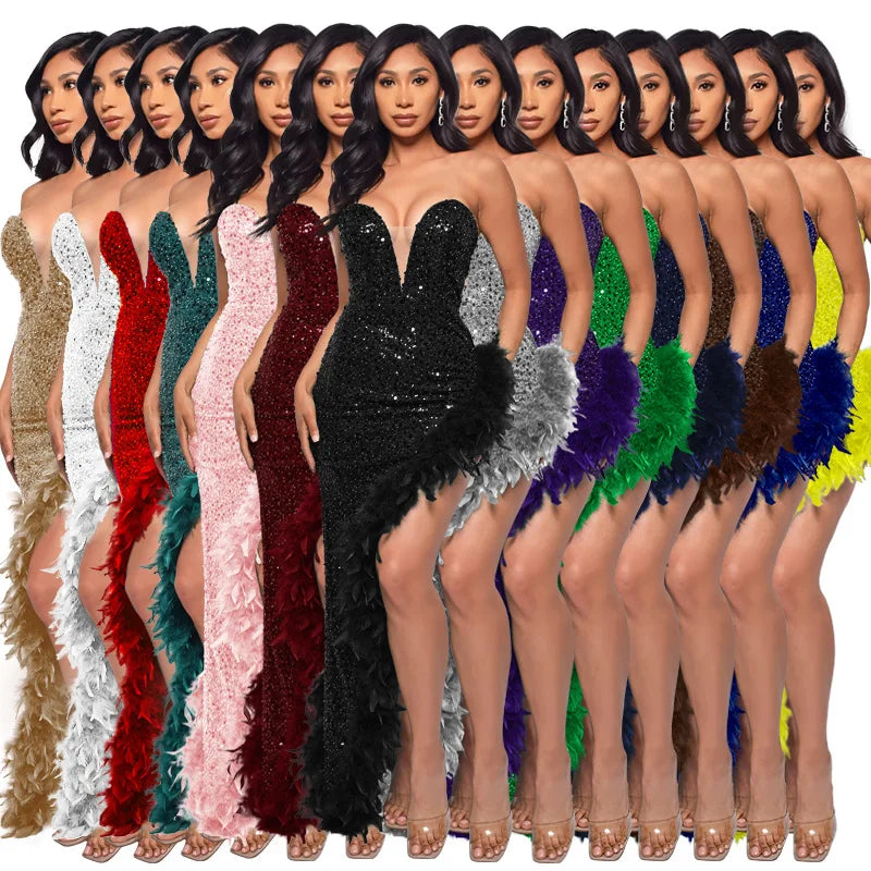 Sequin Feather Evening Gown