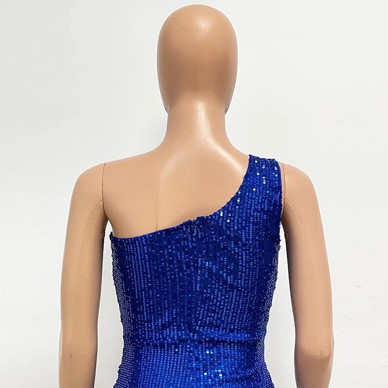 One Shoulder Pleated Sequin Dress