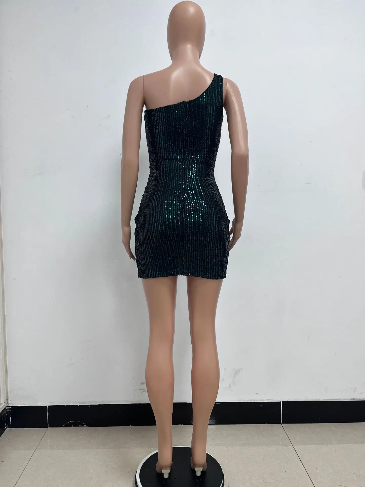 One Shoulder Pleated Sequin Dress