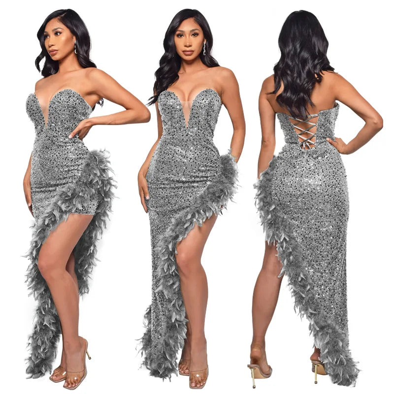 Sequin Feather Evening Gown