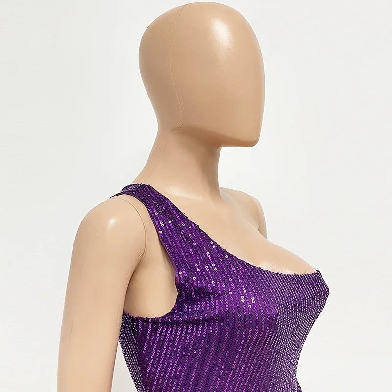 One Shoulder Pleated Sequin Dress