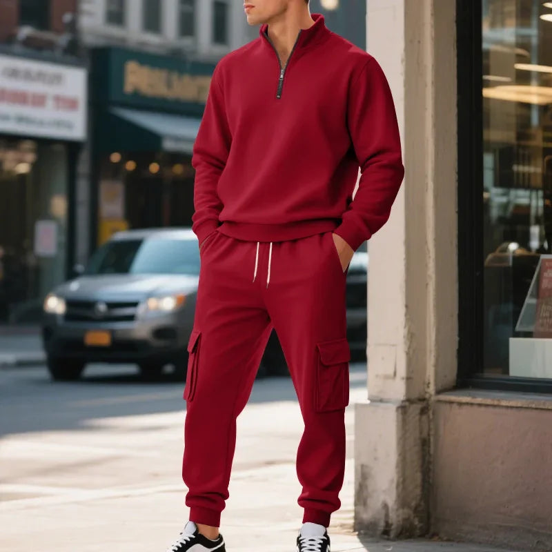 Men's Long-Sleeved Fleece Sweatshirt Suit Stand-up Collar Zipper American Men's Clothing Autumn Winter New 1/2pieces
